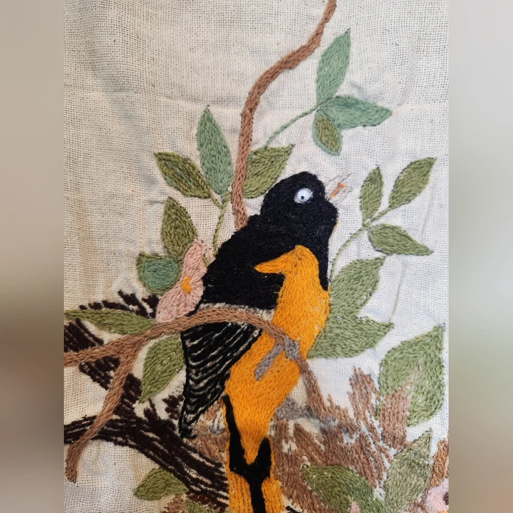Vintage Finished Hand Made Crewel Embroidery Flower Birds Canvas Unframed 80s